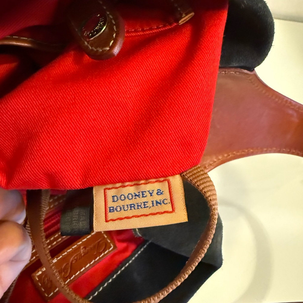 Large Dooney & Bourke Shoulder Bag - Black Suede, Leather accents, Red Interior - Picture 15 of 16